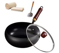 Usceshonn Iron Pot, 7.87-11.81 inch Uncoated Iron Pan with Lid, Triple Stainless Steel Non-Stick Pans with Wooden Lid/Glass Cover/Spatula, for Cooking, Stewing (Textured glass cover,11.02in)