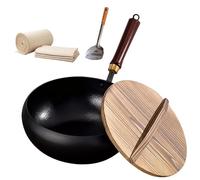 Usceshonn Iron Pot, 7.87-11.81 inch Uncoated Iron Pan with Lid, Triple Stainless Steel Non-Stick Pans with Wooden Lid/Glass Cover/Spatula, for Cooking, Stewing (Textured Wood Cover,9.45in)