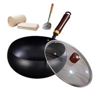Usceshonn Iron Pot, 7.87-11.81 inch Uncoated Iron Pan with Lid, Triple Stainless Steel Non-Stick Pans with Wooden Lid/Glass Cover/Spatula, for Cooking, Stewing (smooth glass cover,7.87in)