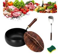 Usceshonn Iron Pot,mexicoify uncoated thick iron pot, Hand-Forged Non-Stick Pan, Triple Stainless Steel,with Wooden Lid/Glass Multi - Purpose for Baking, Cooking, Stewing (A, 24cm)