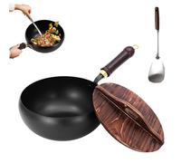 Usceshonn Iron Pot, Uncoated Thick Iron Pot, 7.87-11.81 inch Uncoated Pan, Hand-Forged Non-Stick Pan with Wooden Lid/Glass Cover, Woks & Stir-Fry Pans Set, for Baking, Cooking, Stewing (Wood,9.45in)