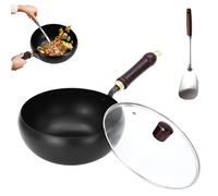 Usceshonn Iron Pot, Uncoated Thick Iron Pot, 7.87-11.81 inch Uncoated Pan, Hand-Forged Non-Stick Pan with Wooden Lid/Glass Cover, Woks & Stir-Fry Pans Set, for Baking, Cooking, Stewing (Glass,11.02in)