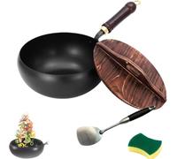 Usceshonn Iron Pot, Uncoated Thick Iron Pot, Hand-Forged Non-Stick Pan, With Lid And Spatula, Easy To Clean for Baking, Cooking, Stewing (9.4 in,With wooden cover)