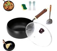 Usceshonn Iron Pot, Uncoated Thick Iron Pot with Wooden Lid/Glass Cover, Hand-Forged Non-Stick Pan, Triple Stainless Steel, Large Capacity & Deep, for Baking, Cooking, Stewing (Glass Lid,28cm)