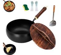 Usceshonn Iron Pot, Uncoated Thick Iron Pot with Wooden Lid/Glass Cover, Hand-Forged Non-Stick Pan, Triple Stainless Steel, Large Capacity & Deep, for Baking, Cooking, Stewing (Wooden Lid,28cm)