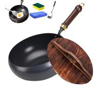 Usceshonn Iron Pot, Uncoated Thick Iron Pot, with Wooden Lid/Glass Cover, Hand-Forged Non-Stick Pans without Coating, High Purity Frying Pans for Cooking (Wooden lid,28cm)