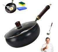 Usceshonn Iron Pot, Uncoated Thick Iron Pot, with Wooden Lid/Glass Cover, Hand-Forged Non-Stick Pans without Coating, High Purity Frying Pans for Cooking (Glass lid,24cm)