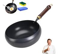 Usceshonn Iron Pot, Uncoated Thick Iron Pot, with Wooden Lid/Glass Cover, Hand-Forged Non-Stick Pans without Coating, High Purity Frying Pans for Cooking (Without lid,26cm)