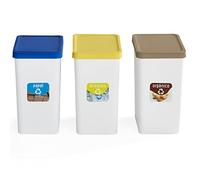 USE FAMILY Confezione da 3 pattumiere, riciclaggio, 28 l, carta, imballaggi e biologici, con 3 adesivi per riciclaggio, adatto per sacchetti da 30 l, bidoni della spazzatura in plastica riciclabile