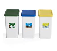 Use Family Recycle - Pattumiere per il riciclaggio, 3 contenitori 28 l, 34 x 25 x 45 cm + 3 adesivi, adatte per sacchetti da 30 l, pattumiera ecologica in plastica riciclabile (carta, vetro e plastica)