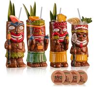 USEEKRIL Set di 4 bicchieri da cocktail tiki - Tazza esotica con 4 sottobicchieri e 4 cannucce, simpatici bicchieri da cocktail in ceramica stile hawaiano per feste e bar tropicali tiki