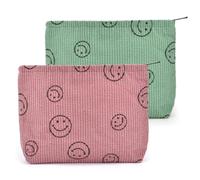 USENG 25x18x5cm Pochette in Velluto a Coste per Riporre Tutti i tipi di Cosmetici e Altri Piccoli Oggetti,Può Essere un Regalo Pochette Donna Trucchi,Borsa Clutch Rosa+Verde Stampa del sorriso con zip