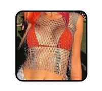 Ushiny Maglia di cristallo top festival outfit con strass a rete da pesca scavata canotta con scollo a V accessorio per il corpo scintillante per donne e ragazze, Nero , M