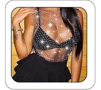 Ushiny Maglia di cristallo top festival outfit con strass a rete di pesce scavato canotta scintillante corpo accessorio per donne e ragazze, Nero , M