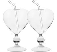 USHOBE 2 Set Bicchieri a Forma di Cuore 220ml per Bar e Eventi, Set da 2 in Vetro Elegante con Cannucce e Fondo Stabile