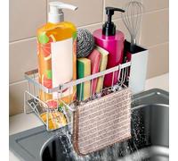USHOP Organizer Lavello Cucina con Vasca di Scarico Autosvuotante e Supporto per Lavelli, In 304 Acciaio Inox, Senza Foratura, Porta per Spazzole, Spugne, Sapone e Altro Ancora(Argento)