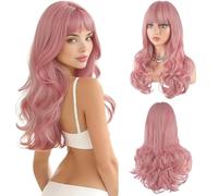 Uso quotidiano delle feste Parrucca da donna con frangia e onde scalate, copertura dei capelli ricci(Pink)