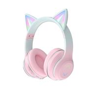 Usoun Cuffie Bluetooth cartone animato,con orecchie da gatto con luce a LED,slot per schede SD,jack audio da 3,5 mm,cuffie sovraurali pieghevoli,senza fili e cablate,per bambini,bambine (grigio rosa)