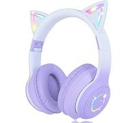 Usoun Cuffie Bluetooth cartone animato,con orecchie da gatto con luce a LED,slot per schede SD,jack audio da 3,5 mm,cuffie sovraurali pieghevoli,senza fili e cablate,per bambini,bambine (viola)