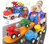 usrela 5 in 1 Dinosauri Camions Macchinine 2 3 4 5 Anni Ragazzi e Ragazze, Dinosauri Trasportatore Camion con Suoni e Luci, Camion Giocattolo Gioco Regalo per Bambino 1 2 3 anni, Dinosaur Toy for Kids