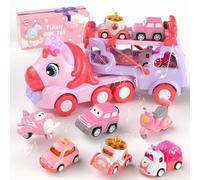 usrela Camion Macchinine 2 3 4 Anni, 7 in 1 Camion Giocattoli per Ragazza di 1 2 3 Anni, Camioncino con Suoni e Luci, Regalo di Compleanno Natalizio per 1 2 3 Anni, 6 Mini Automobili