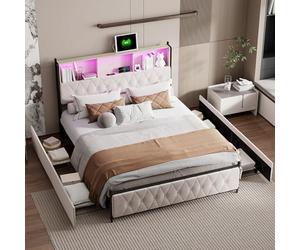 USROCAS Letto Matrimoniale 180x200 con LED, 4 Cassetti e Design a Bottoni - Letto Imbottito con Rete in Legno, per Adolescenti e Adulti