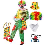 Utaomld Costume da clown per adulti, con parrucca, cappello, borsa, occhiali, per Halloween, uomo, donna, cosplay, tuta (verde)