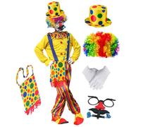 Utaomld Costume da clown per adulti, con parrucca, cappello, borsa, occhiali, per Halloween, uomo, donna, cosplay, tuta (giallo)