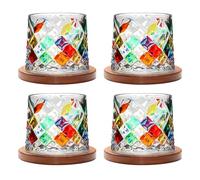 Uten Calice da Acqua Rotante, 275 ML/10 OZ Bicchiere Whisky Cristallo, Sottobicchiere in Bambù, Sensazione Spessa, Coppa da Rum Vetro Latte, Relax e Decompressione, 4 Bicchiere