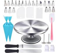 Uten Kit di accessori per la decorazione di torte con piatto girevole da 30,5 cm, 33 pezzi, in alluminio, strumenti da forno con 20 punte per glassa, sacchetti, 3 spatole dritte e offset, spatola in