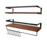 Uten Mensole da Muro Design Moderne, Set 2 Pezzi Mensole da Muro in Legno con Portasciugamani e Ganci, Mensole Sospesa da Parete Rustico per Cucina, Bagno, Salotto, Ufficio, 42 x 15 x 7.4 cm