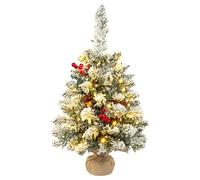 Uten Mini Albero di Natale, 60 cm Alberi di Natale Floccaggio con 50 Lucine LED, 5 Gruppi Bacche Rosse, 7 Pigne, per Ufficio, Soggiorno, Davanzale Decorazione Natalizia