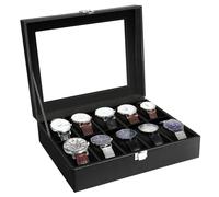 Uten Porta Orologi a 10 Scomparti, Scatola per Orologi in PU con Coperchio in Vetro, Fodera Nero, Cuscinetti Rimovibili, Fibbia in Metallo, Scatola Portagioielli per Orologi Uomo e Donna