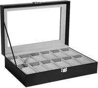 Uten Porta Orologi a 12 Scomparti, Scatola per Orologi in PU con Coperchio in Vetro, Fodera Grigia, Cuscinetti Rimovibili, Fibbia in Metallo, Scatola Portagioielli per Orologi Uomo e Donna