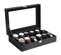 Uten Porta Orologi a 12 Scomparti, Scatola per Orologi in PU con Coperchio in Vetro, Fodera Nero, Cuscinetti Rimovibili, Fibbia in Metallo, Scatola Portagioielli per Orologi Uomo e Donna