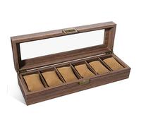 Uten Porta Orologi a 6 Scomparti, Scatola per Orologi con Cuscinetti Rimovibili, Venatura del Legno Pelle PU, Fibbia in Metallo, Interno Marrone, Scatola Portagioielli per Orologi Uomo e Donna