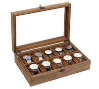 Uten Scatola Porta Orologi a 10 Scomparti, Porta Orologi Legno con Coperchio in Vetro, Fibbia in Metallo, Cuscino di Seta, Fodera Marrone, Idea Regalo, Catola Portagioielli per Orologi Uomo e Donna