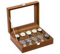 Uten Scatola Porta Orologi a 10 Scomparti, PU Porta Orologi, Coperchio in Vetro, Fodera in Velluto Marrone, Idea Regalo, Catola Portagioielli per Orologi Uomo e Donna