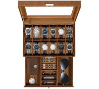Uten Scatola Porta Orologi a 12 Scomparti, 2 Livelli PU Porta Orologi, Serratura a Chiav, Coperchio in Vetro, Fodera in Velluto Marrone, Idea Regalo, Catola Portagioielli per Orologi Uomo e Donna