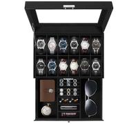 Uten Scatola Porta Orologi a 12 Scomparti, 2 Livelli PU Porta Orologi, Serratura a Chiav, Coperchio in Vetro, Fodera in Velluto Nero, Idea Regalo, Catola Portagioielli per Orologi Uomo e Donna