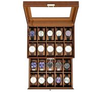 Uten Scatola Porta Orologi a 20 Scomparti, 2 Livelli PU Porta Orologi, Coperchio in Vetro, Fodera in Velluto Marrone, Idea Regalo, Catola Portagioielli per Orologi Uomo e Donna