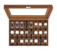 Uten Scatola Porta Orologi a 24 Scomparti, PU Porta Orologi, Serratura a Chiav, Coperchio in Vetro, Fodera in Velluto Marrone, Idea Regalo, Catola Portagioielli per Orologi Uomo e Donna