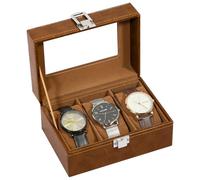 Uten Scatola Porta Orologi a 3 Scomparti, PU Porta Orologi, Coperchio in Vetro, Fodera in Velluto Marrone, Idea Regalo, Catola Portagioielli per Orologi Uomo e Donna