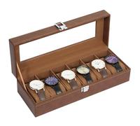 Uten Scatola Porta Orologi a 6 Scomparti, PU Porta Orologi, Coperchio in Vetro, Fodera in Velluto Marrone, Idea Regalo, Catola Portagioielli per Orologi Uomo e Donna