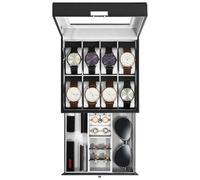 Uten Scatola Porta Orologi a 8 Scomparti, 2 Livelli PU Porta Orologi, Serratura a Chiav, Coperchio in Vetro, Fodera in Velluto Grigio, Idea Regalo, Catola Portagioielli per Orologi Uomo e Donna