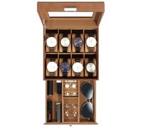Uten Scatola Porta Orologi a 8 Scomparti, 2 Livelli PU Porta Orologi, Serratura a Chiav, Coperchio in Vetro, Fodera in Velluto Marrone, Idea Regalo, Catola Portagioielli per Orologi Uomo e Donna