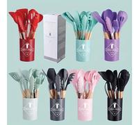 Utensili Cucina Silicone Set 12 pz Mestoli Manico Legno Appendibili Antiaderenti