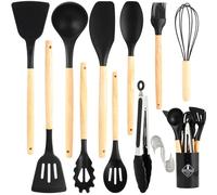Utensili Cucina Silicone, set di 22 utensili cucina senza BPA, manico in legno, antiaderenti, resistenti al calore, con 10 ganci, nero