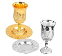 UTHCLO 2 Set Bicchieri Kiddush in Metallo con Vassoio Calici Judaica con Design Inciso per Shabbat Pesach e Cerimonie Ebraiche Calici da Vino Eleganti per Tavola Festiva