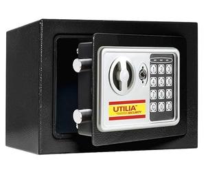 Utilia Security Cassaforte Elettronica 23×17×17 cm, combinatore digitale con chiave, 2 catenacci Ø15 mm, acciaio verniciato, fissaggio a muro/armadio, avviso batteria.